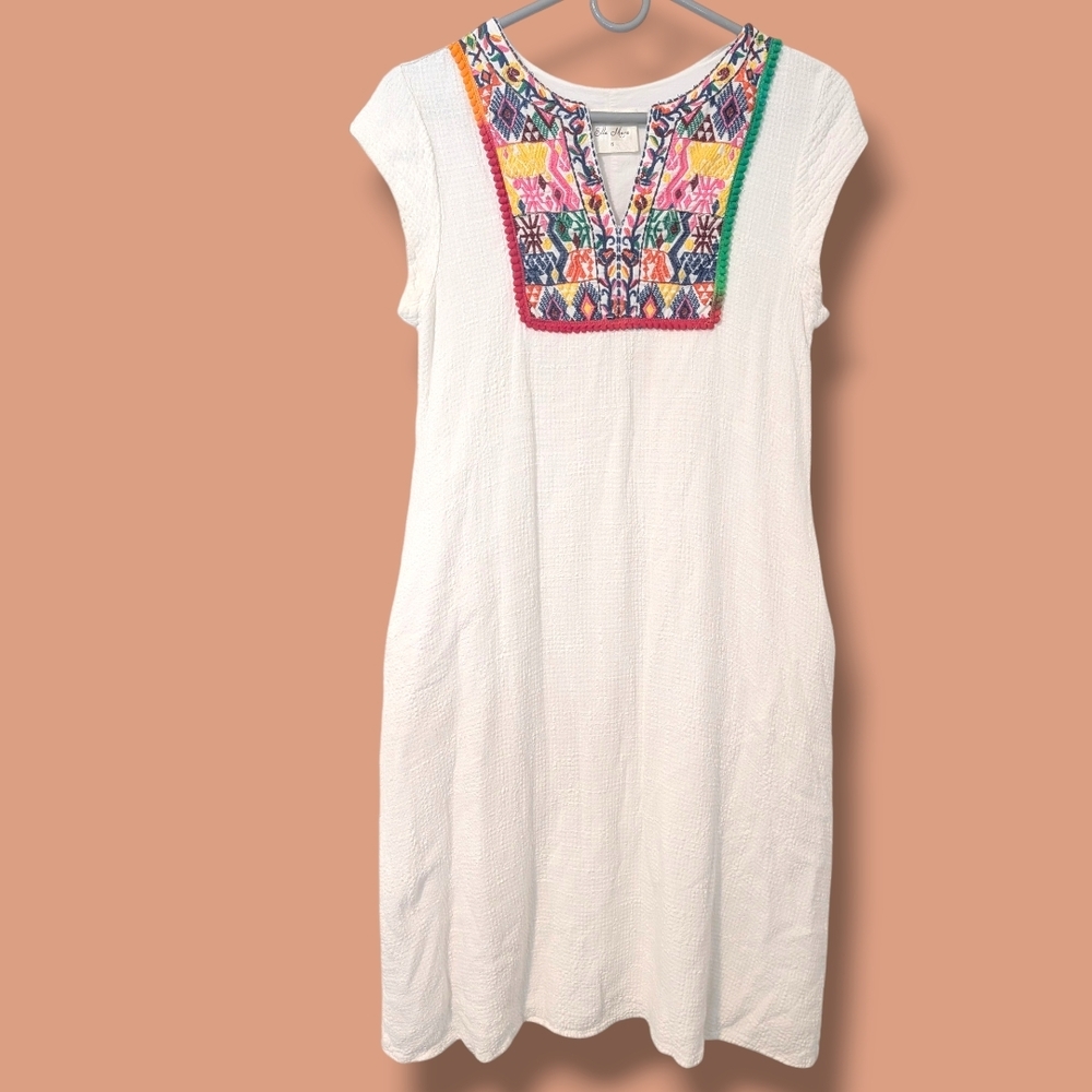 Anthropologie Ella Mara White Embroidered Textured Cotton Gauze Midi Dress Boho